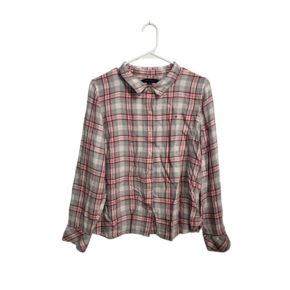 Tommy Hilfiger Womens XL Plaid Button Down Shirt Grey Red Viscose Long Sleeve